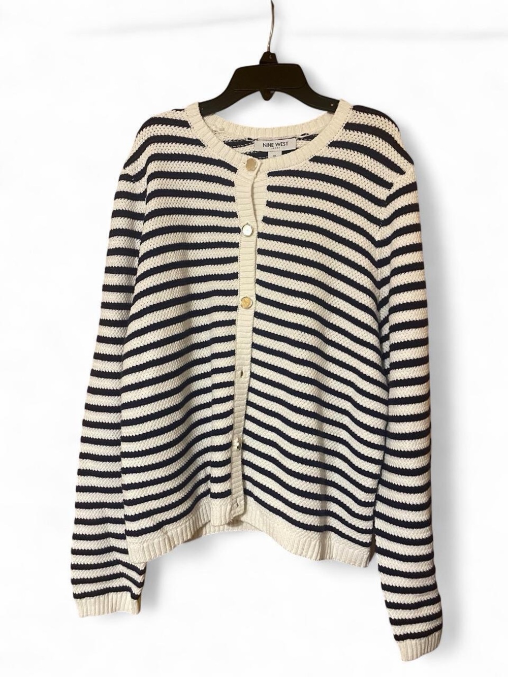 Nine West Cream and Navy Striped Cardigan Sweater
